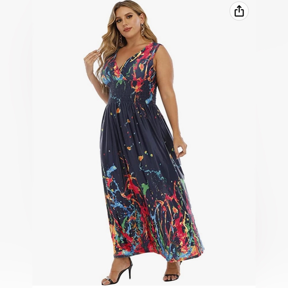 TianmeiHeyi Women's Plus Size Deep V-Neck Sleeveless High Waist Maxi Dress New